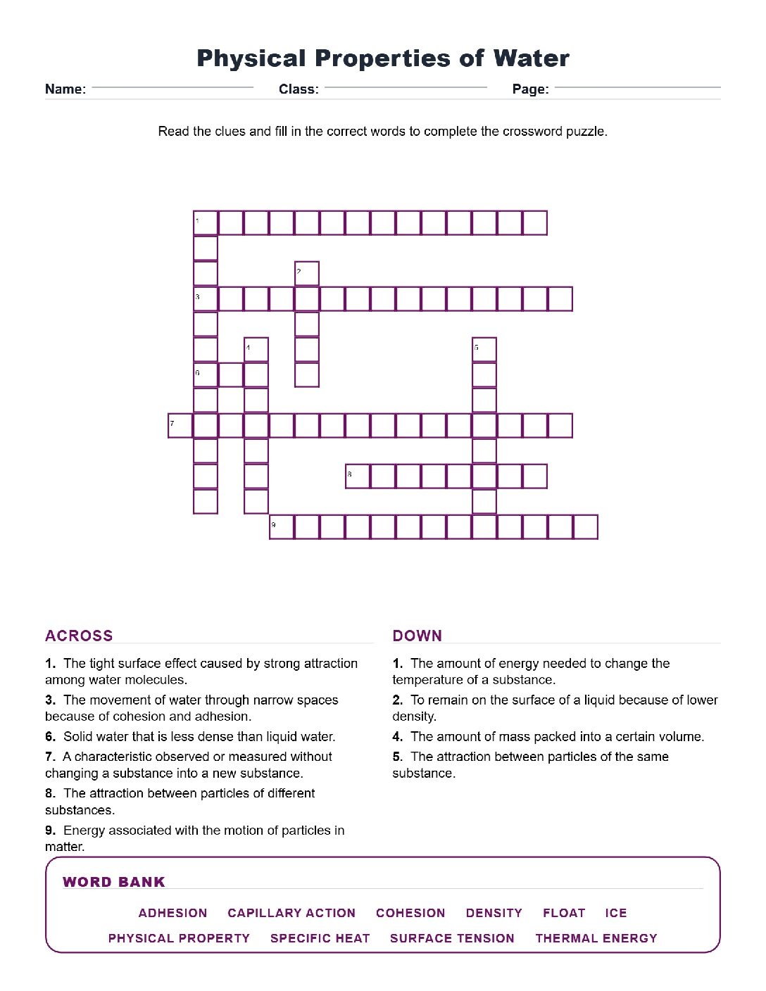 Physical Properties of Water (Crossword Worksheets) Virginia SOL 6.6b