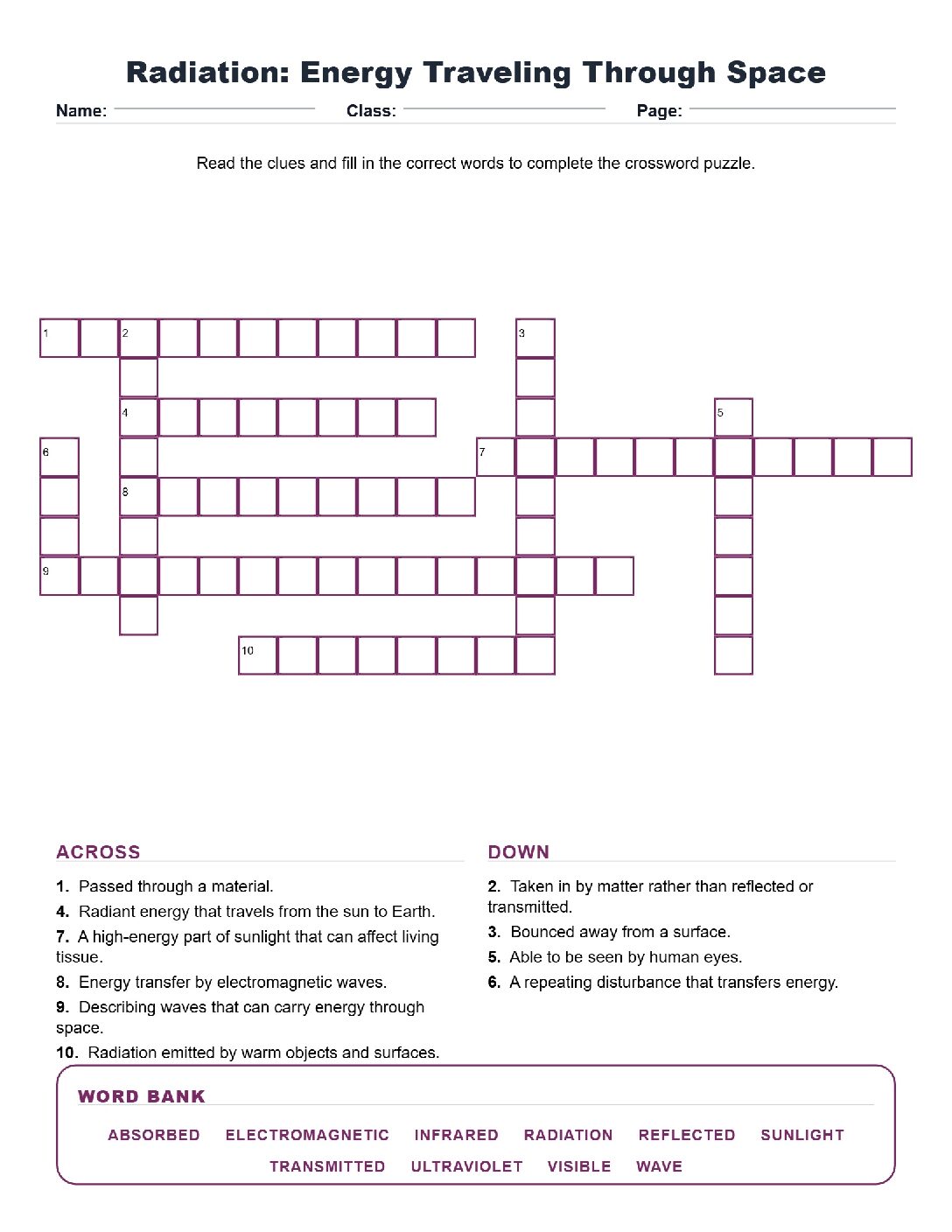 Radiation_ Energy Traveling Through Space (Crossword Worksheets) Virginia SOL 6.4c
