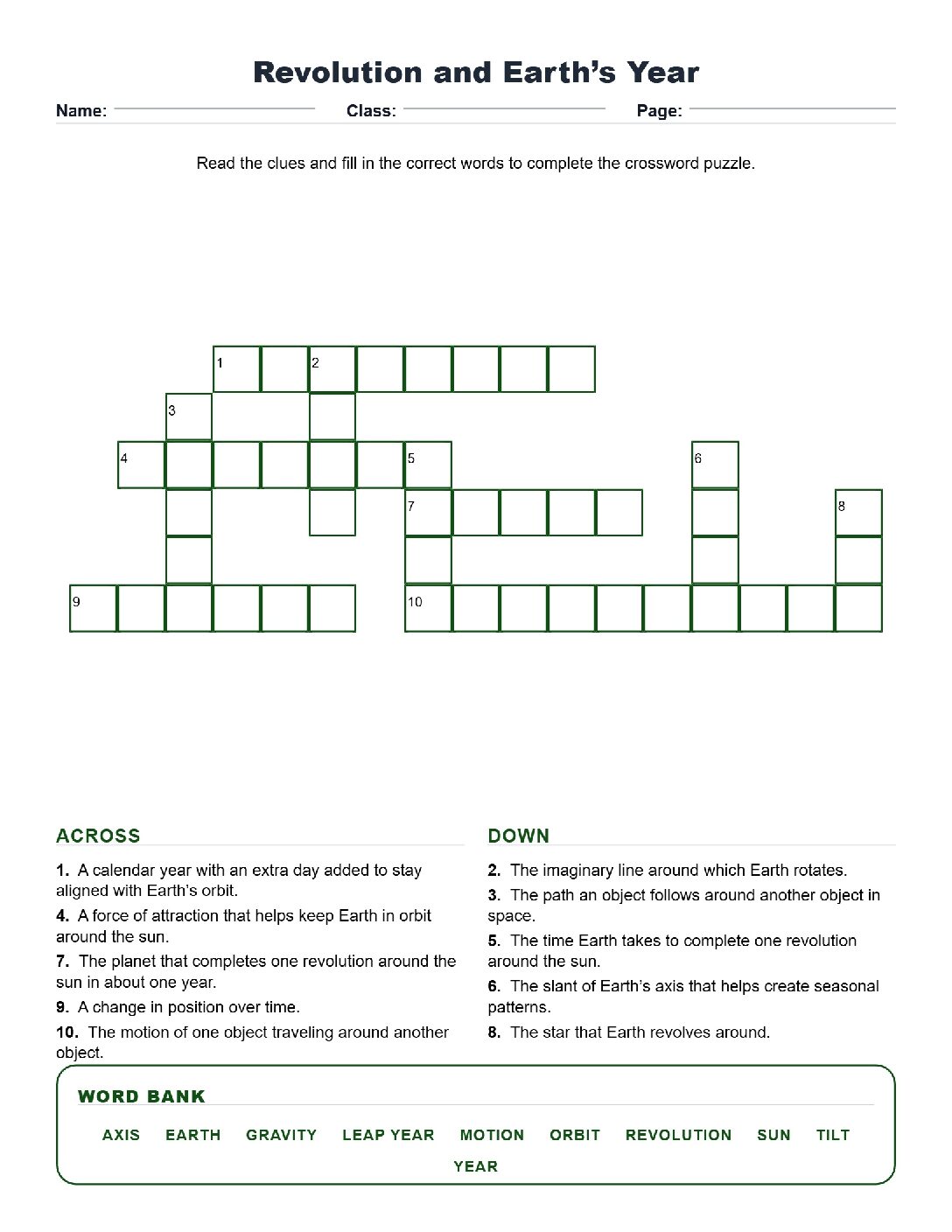 Revolution and Earth’s Year (Crossword Worksheets) Virginia SOL 6.3d