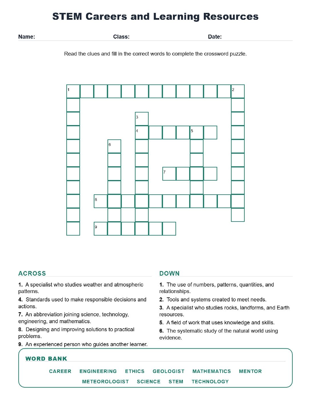 STEM Careers and Learning Resources (Crossword Worksheets) Grade 5 Science TEKS 5.4(B).
