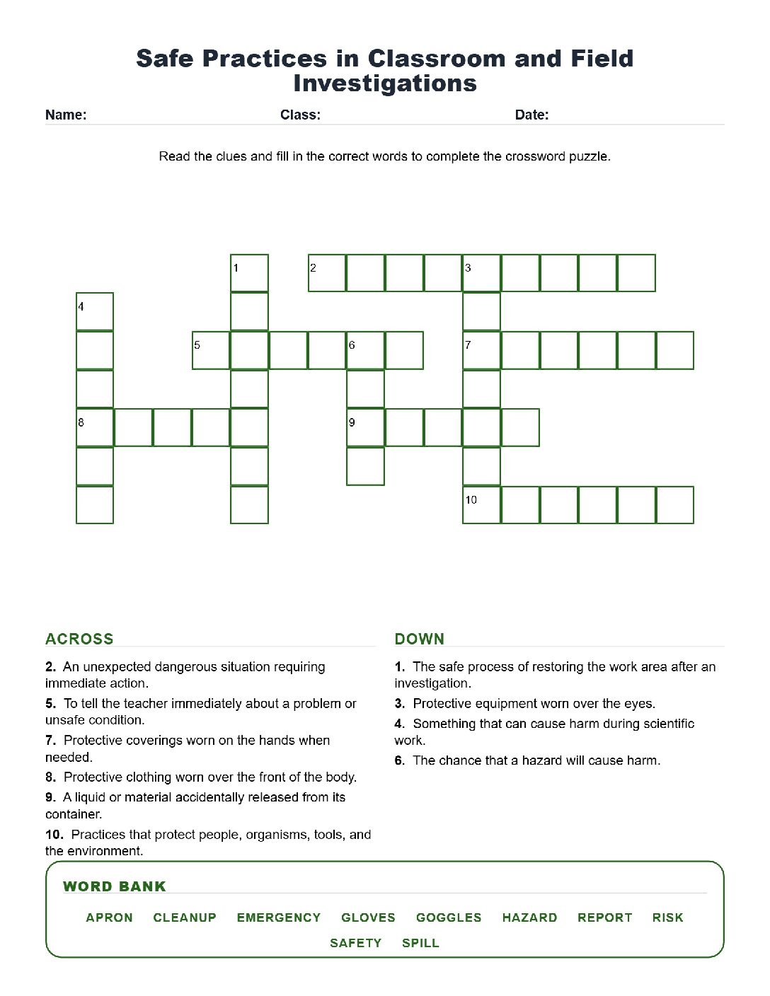 Safe Practices in Classroom and Field Investigations (Crossword Worksheets) Science TEKS 5.1(C).