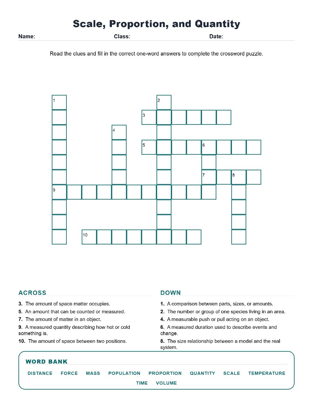 Scale, Proportion, and Quantity (Crossword Worksheets) Grade 5 Science TEKS 5.5C.