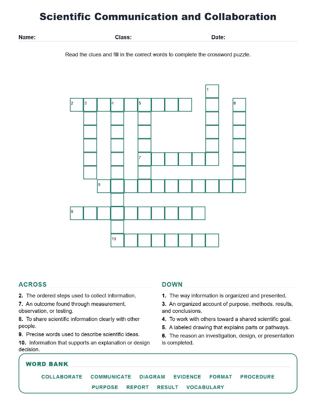 Scientific Communication and Collaboration (Crossword Worksheets) Grade 5 Science TEKS 5.3(B).
