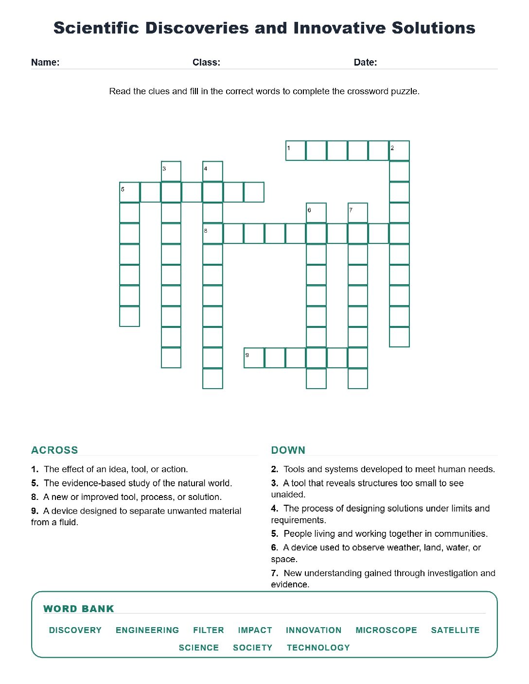 Scientific Discoveries and Innovative Solutions (Crossword Worksheets) Grade 5 Science TEKS 5.4(A).