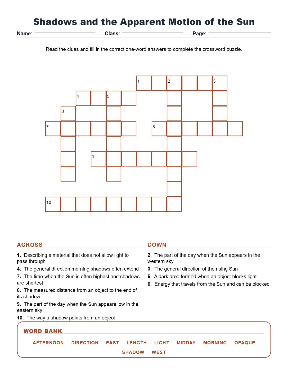 Shadows and the Apparent Motion of the Sun (Crossword Worksheets) Grade 5 Science TEKS.