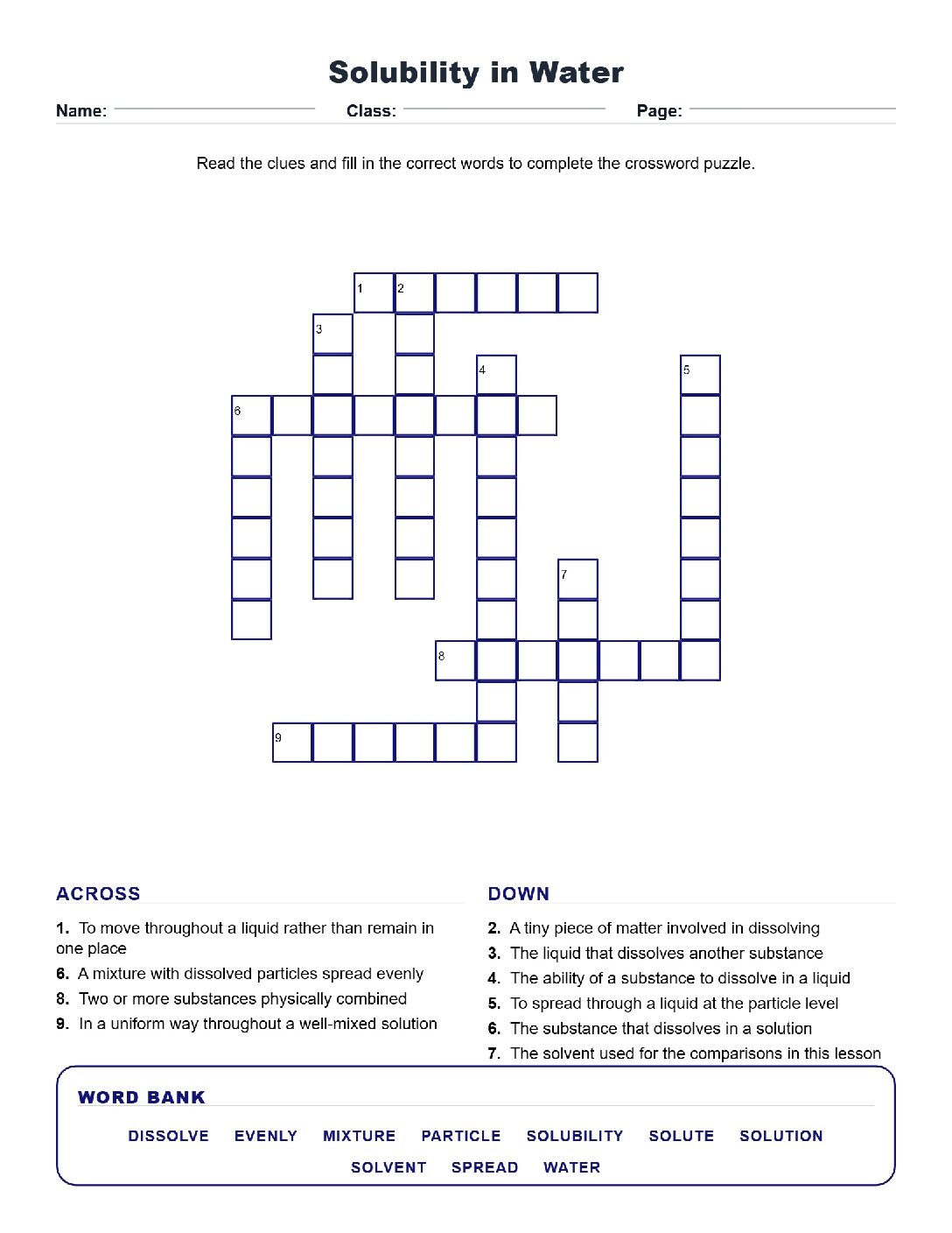 Solubility in Water (Crossword Worksheets) Grade 5 Science TEKS 5.6(A).