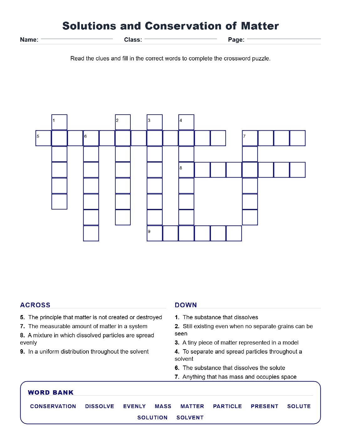 Solutions and Conservation of Matter (Crossword Worksheets) Grade 5 Science TEKS 5.6(C).