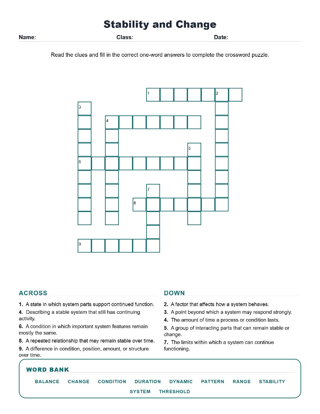 Stability and Change (Crossword Worksheets) Grade 5 Science TEKS 5.5G.