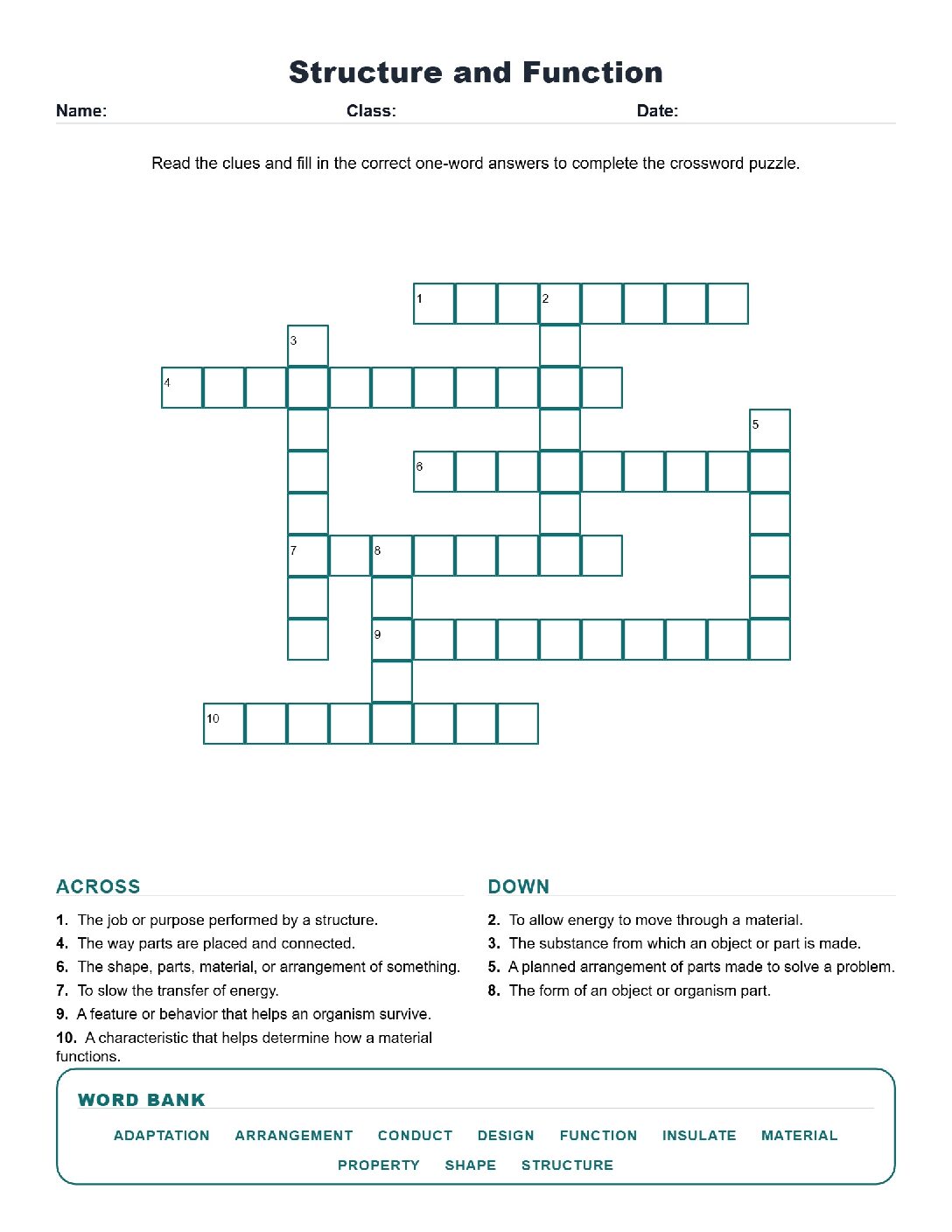 Structure and Function (Crossword Worksheets) Grade 5 Science TEKS 5.5F.