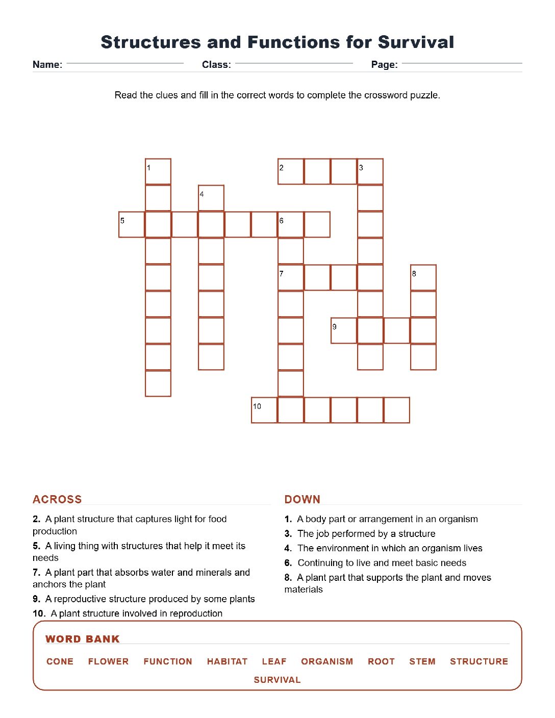 Structures and Functions for Survival (Crossword Worksheets) Grade 5 TEKS 5.13A