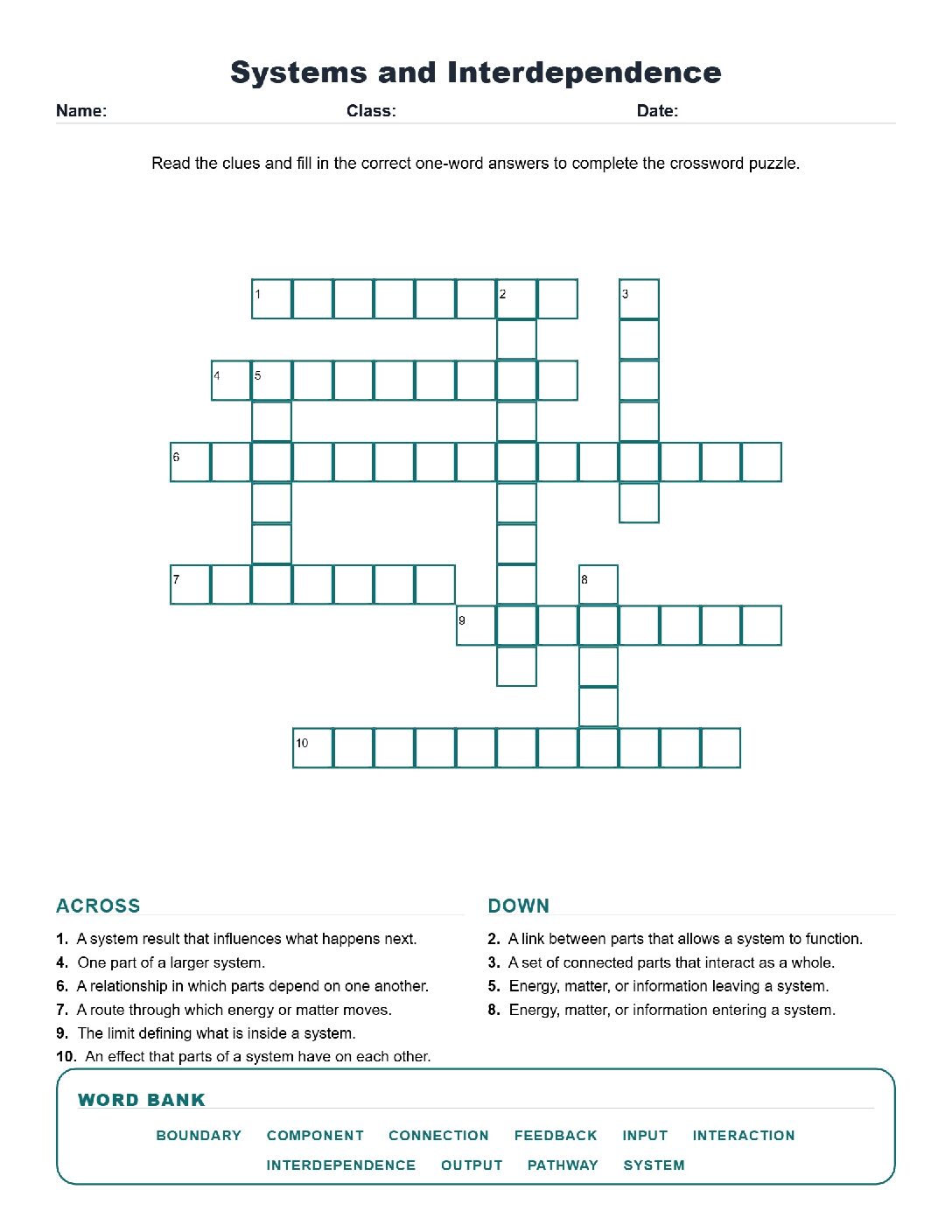 Systems and Interdependence (Crossword Worksheets) Grade 5 Science TEKS 5.5D.