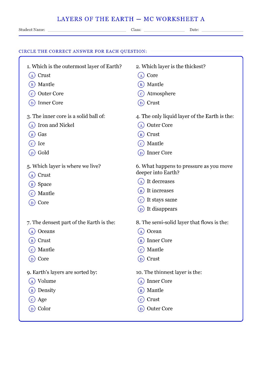 TEKS 6.10 A Layers of the Earth Science Worksheet.