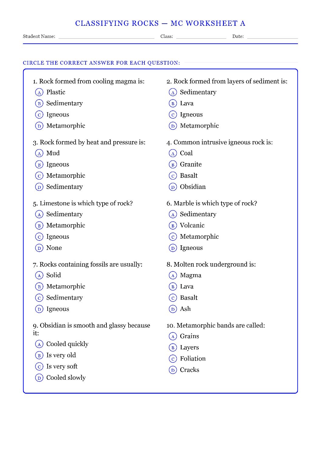 TEKS 6.10 B Classifying Rocks Science Worksheet.