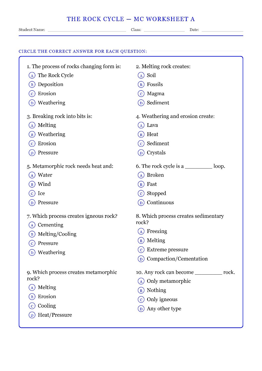 TEKS 6.10 B The Rock Cycle Science Worksheet.