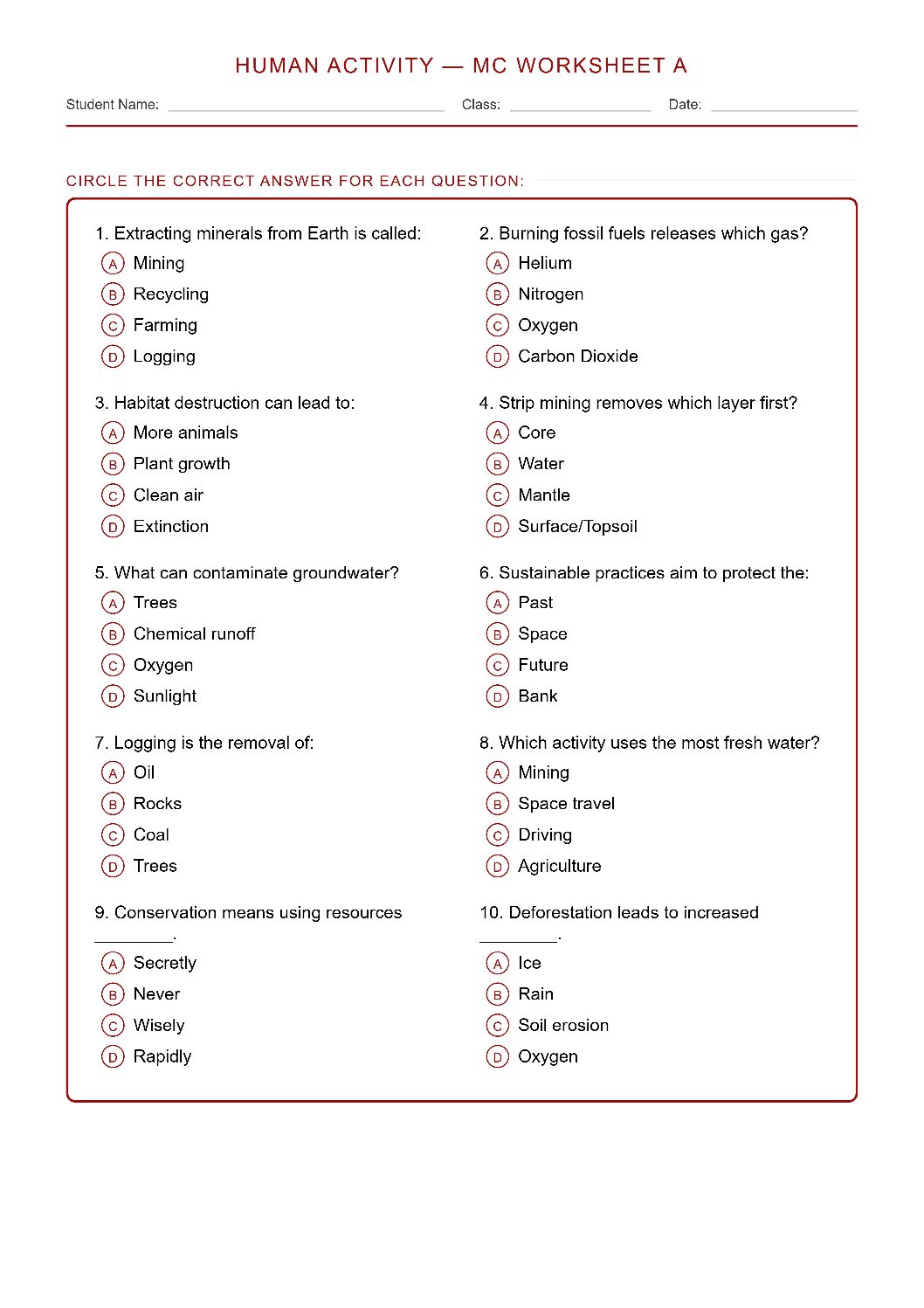 TEKS 6.10 C Human Activity & Earth's Resources Science Worksheet.