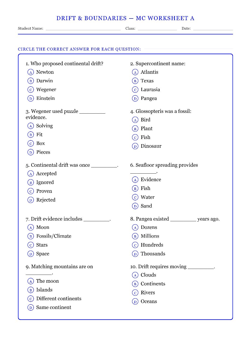 TEKS 6.10 D Drift & Plate Boundaries Science Worksheet