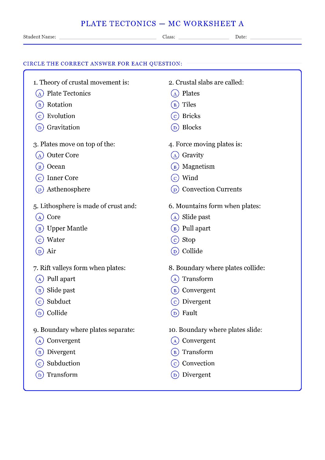 TEKS 6.10 D Plate Tectonics Science Worksheet.