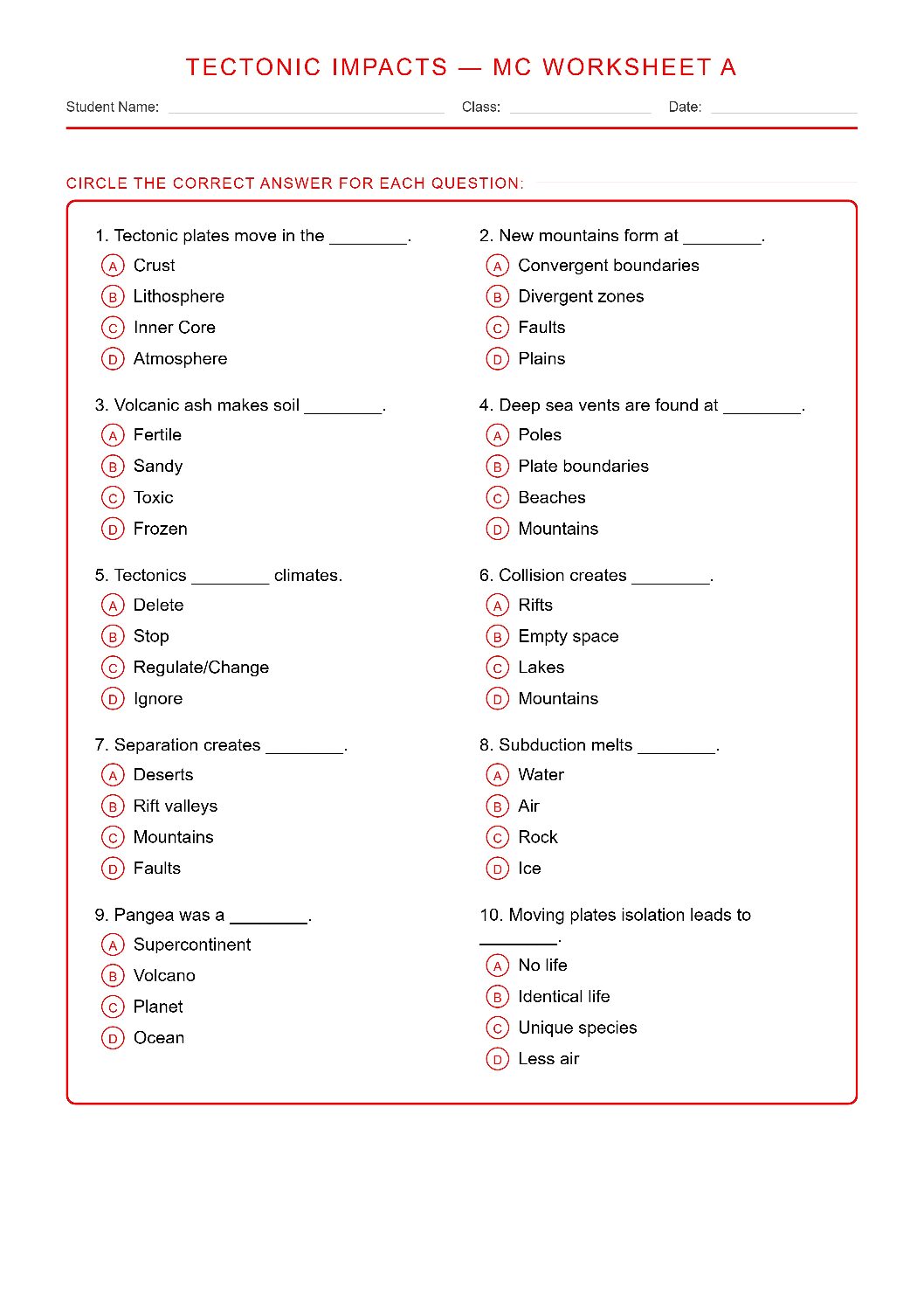 TEKS 6.10 D Tectonic Impacts on Life Science Worksheet.