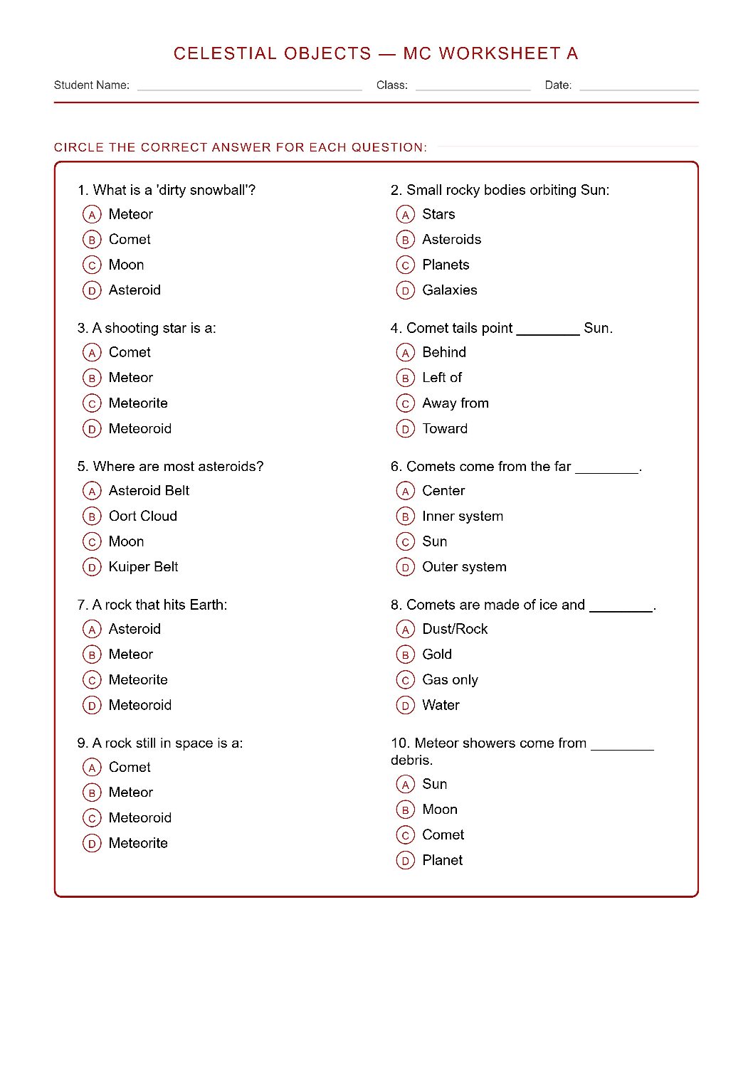 TEKS 6.11 A Asteroids, Comets, & Meteors Science Worksheet.