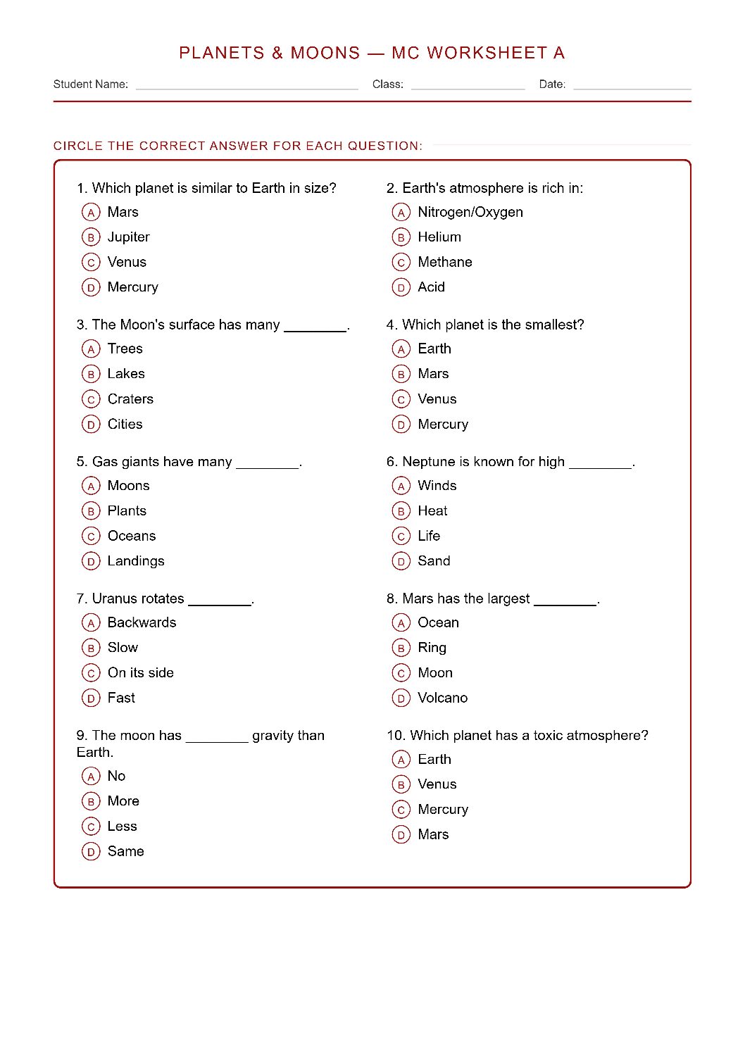 TEKS 6.11 A Characteristics of Planets & Moons Science Worksheet.