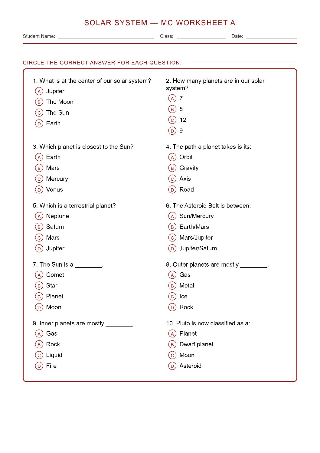 TEKS 6.11 A Components of the Solar System Science Worksheet.