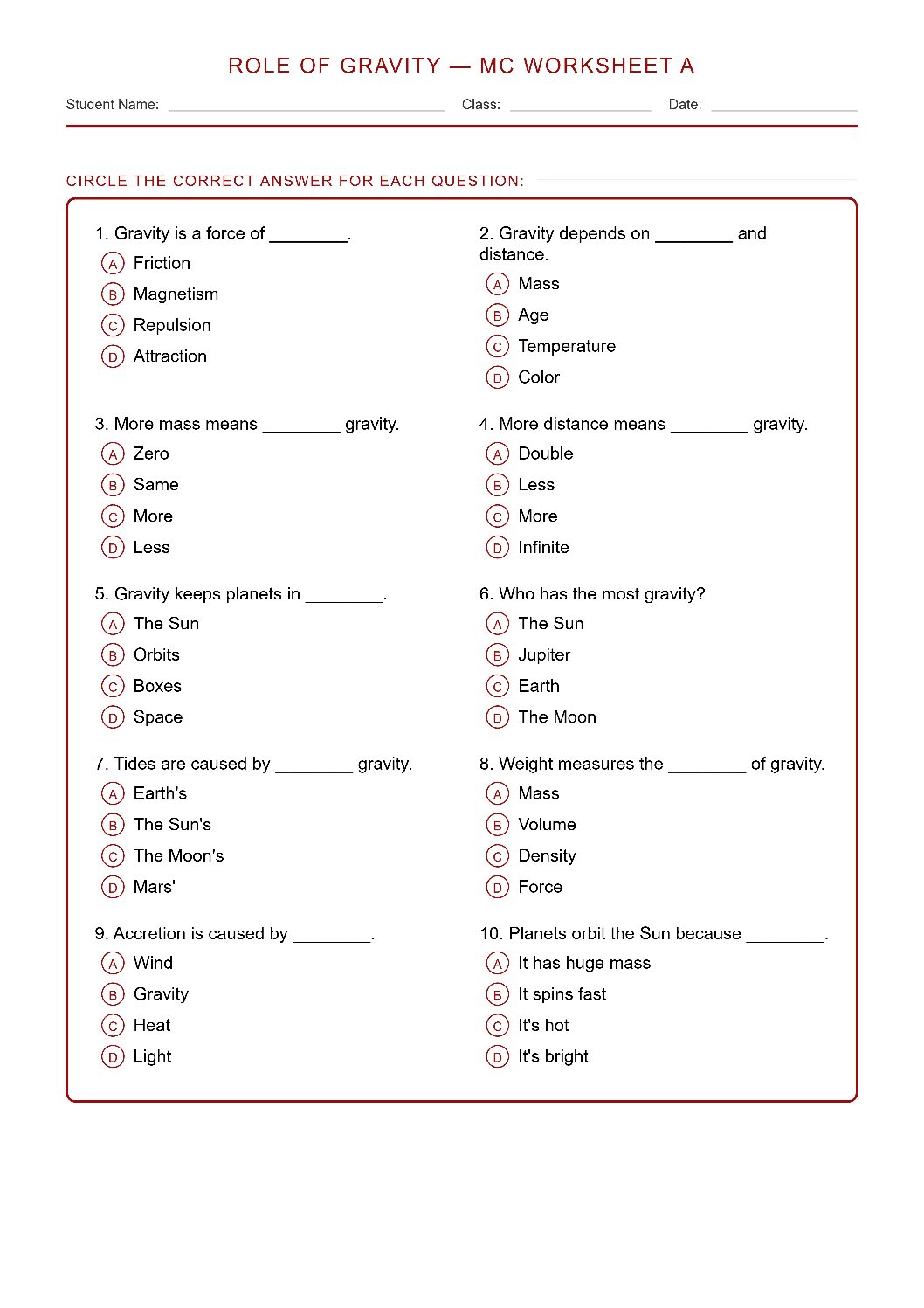 TEKS 6.11 B Role of Gravity Science Worksheet.