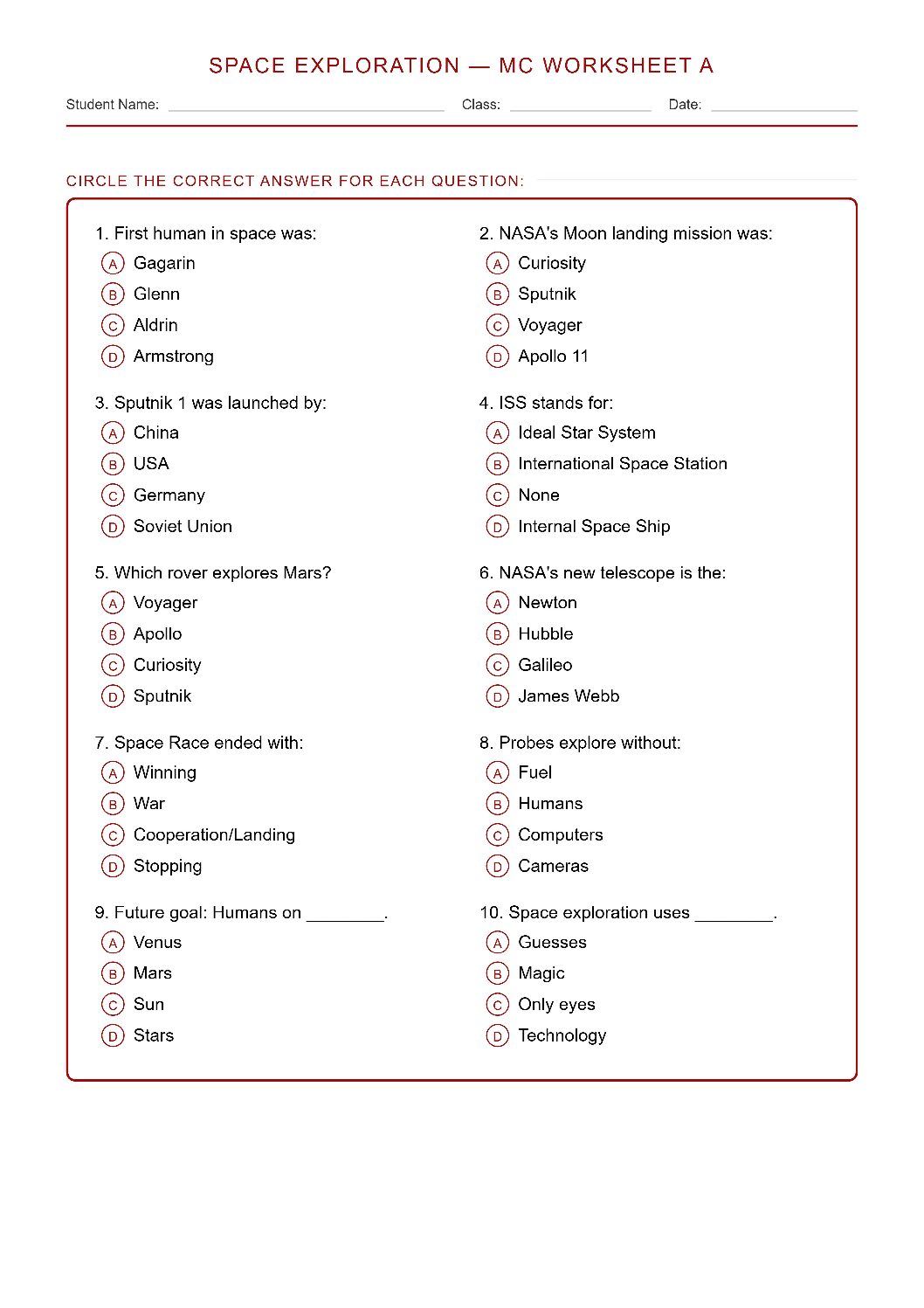 TEKS 6.11 C History and Future of Space Exploration Science Worksheet.