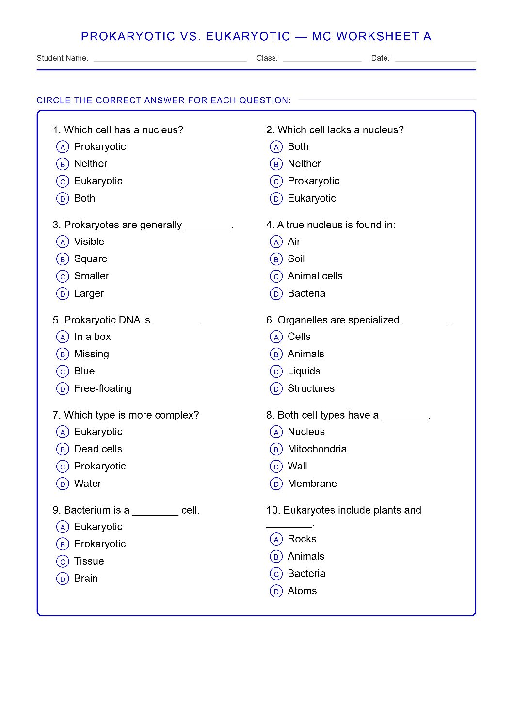TEKS 6.12 A Prokaryotic vs. Eukaryotic Science Worksheet.