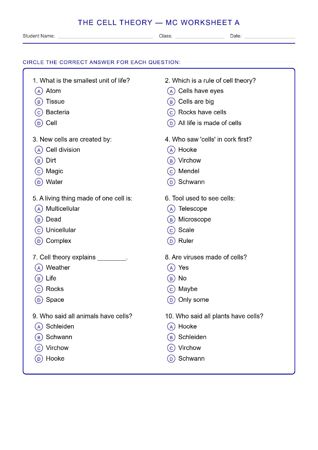 TEKS 6.12 A The Cell Theory Science Worksheet.