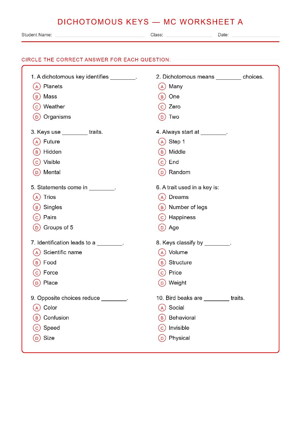 TEKS 6.12 B Dichotomous Keys Science Worksheet.