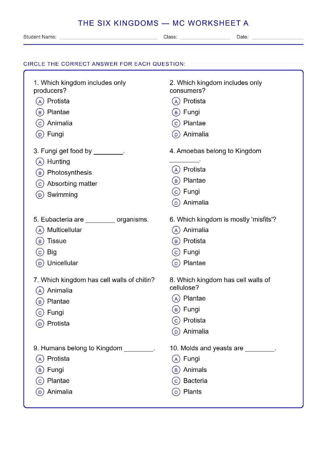 TEKS 6.12 B The Six Kingdoms Science Worksheet.