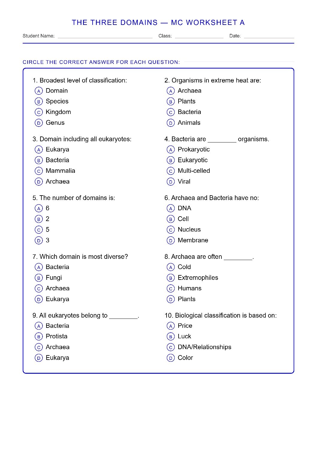 TEKS 6.12 B The Three Domains Science Worksheet.