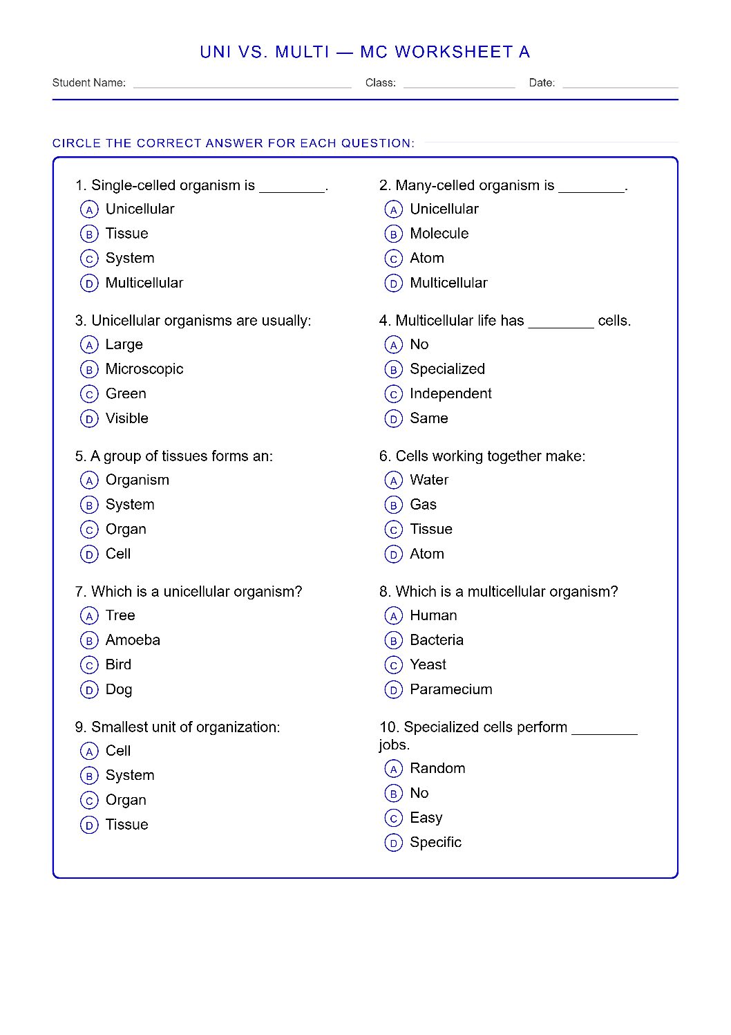 TEKS 6.12 C Unicellular vs. Multicellular Science Worksheet.