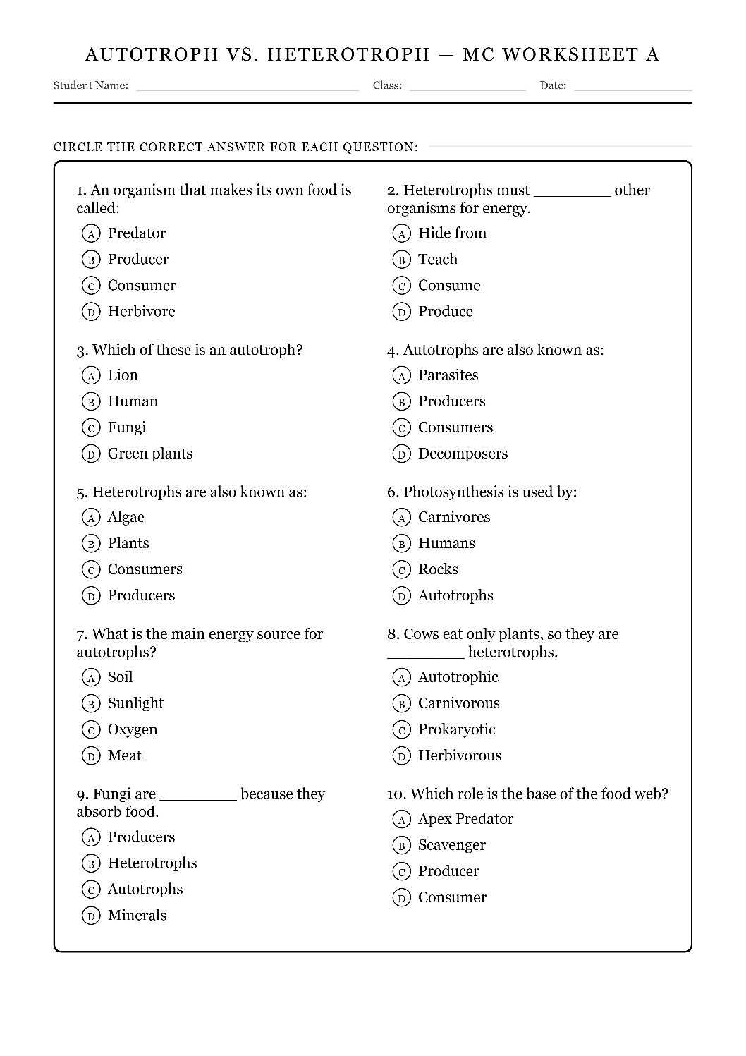 TEKS 6.12 D Autotrophic vs. Heterotrophic Science Worksheet.