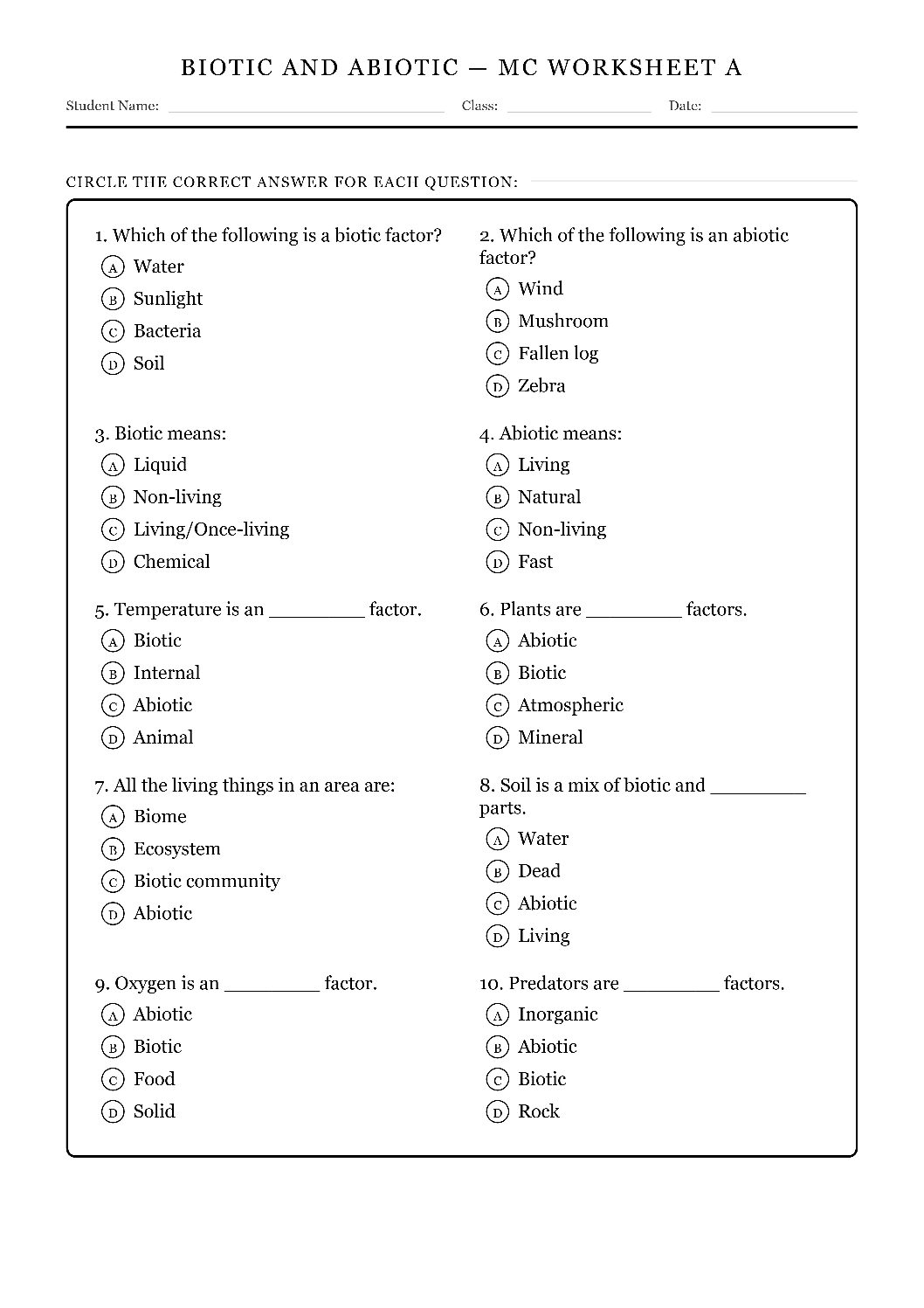 TEKS 6.12 E Biotic and Abiotic Factors Science Worksheet