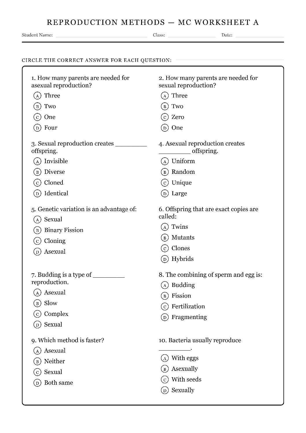 TEKS 6.12 E Sexual vs. Asexual Reproduction Science Worksheet.