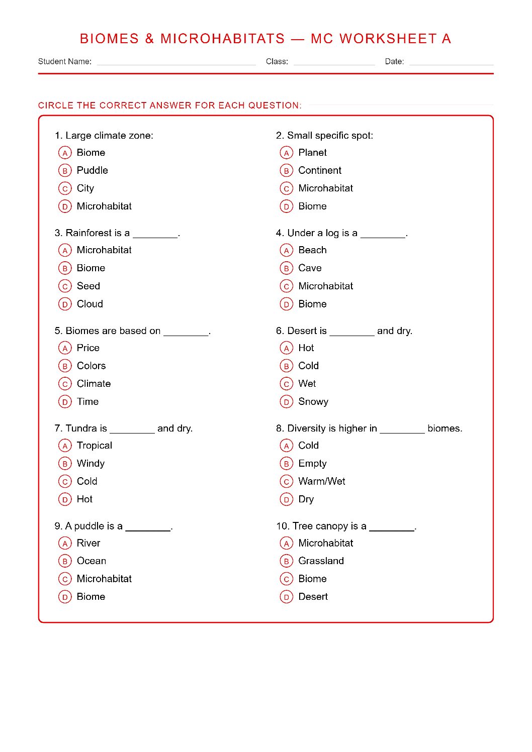 TEKS 6.12 F Microhabitats & Biomes Science Worksheet.