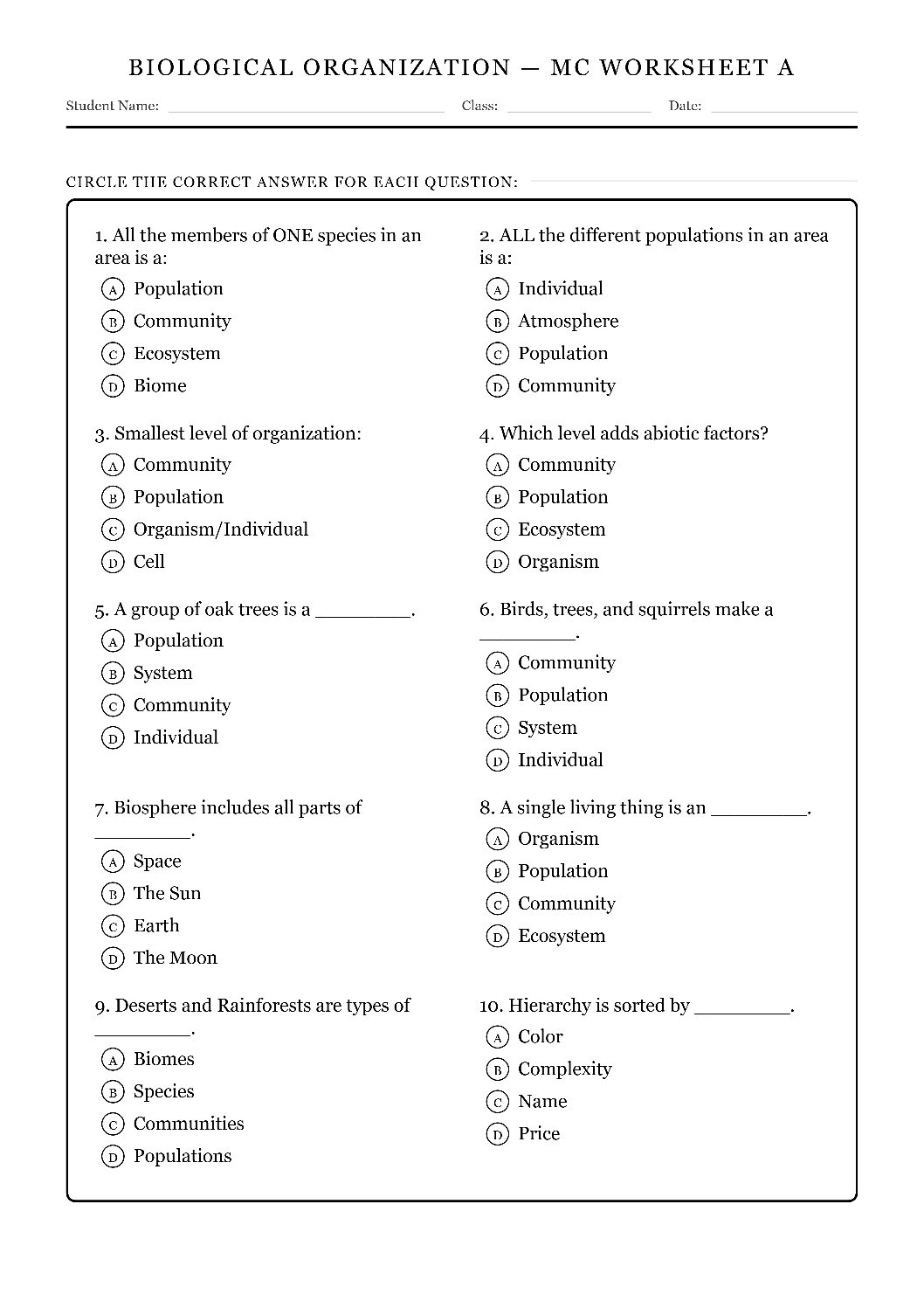 TEKS 6.12 F Populations and Communities Science Worksheet.