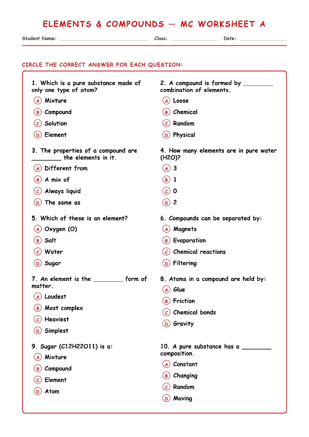 TEKS 6.5 A Elements and Compounds Science Worksheet.