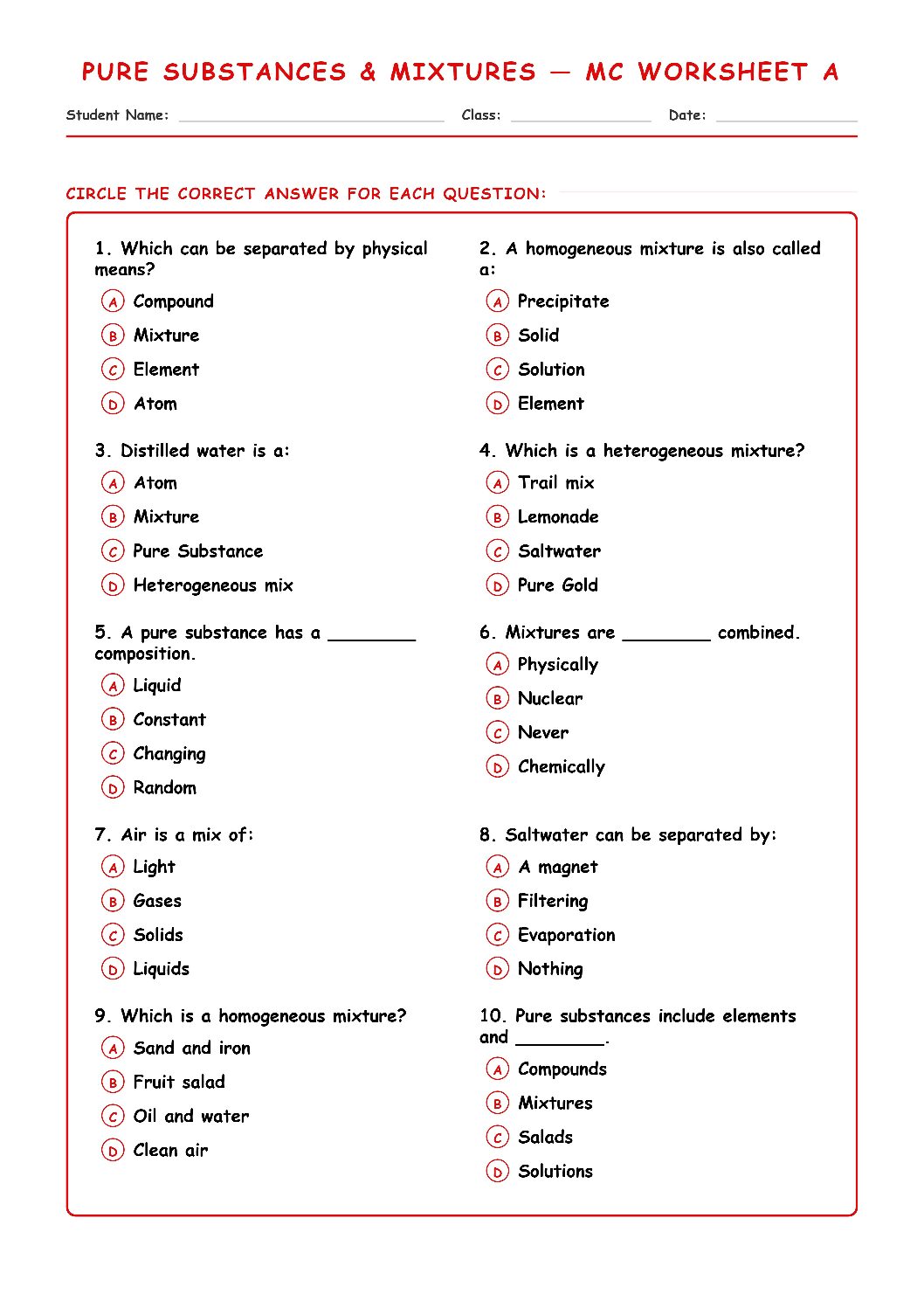 TEKS 6.5 A Pure Substances vs Mixtures Science Worksheet.