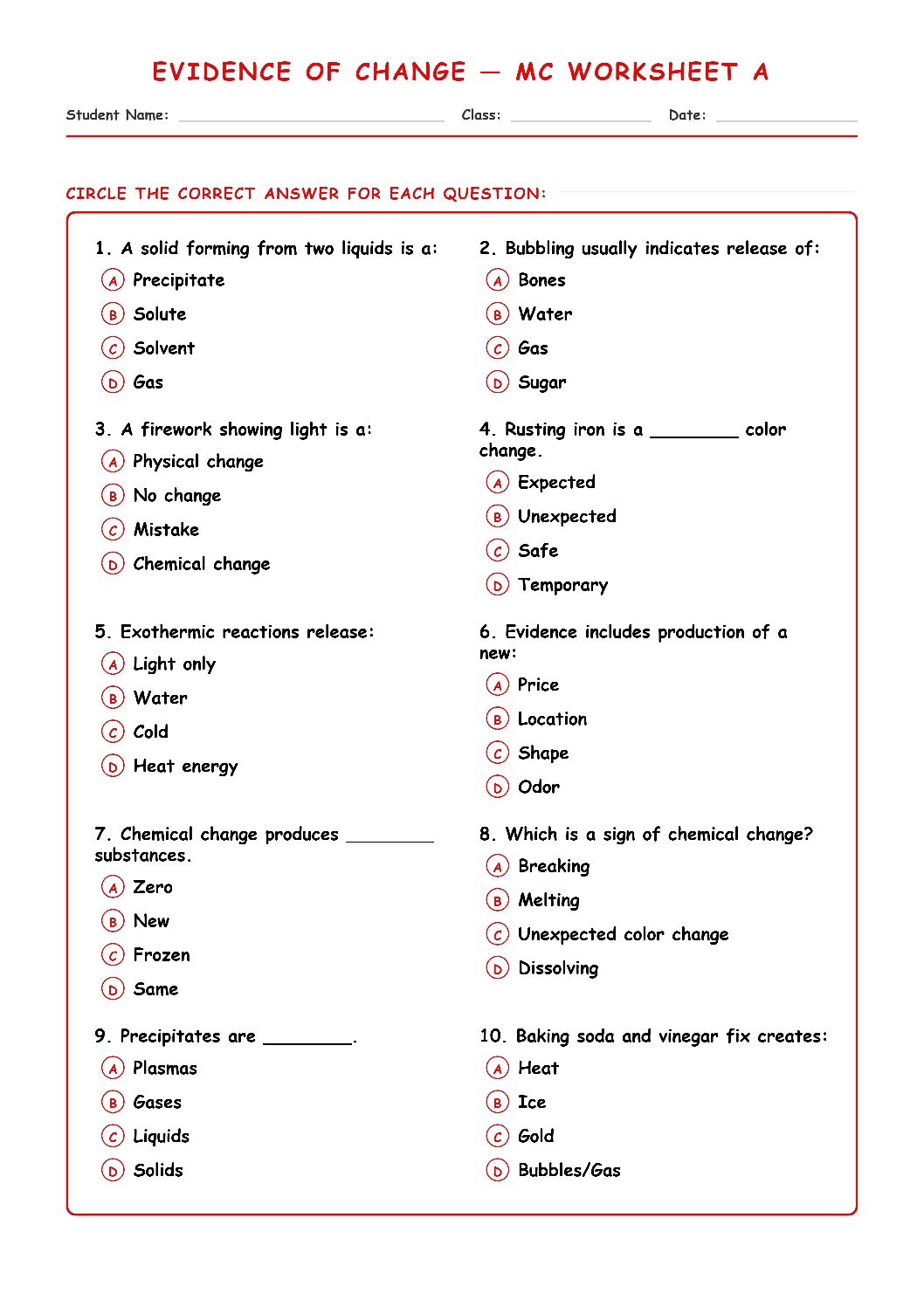 TEKS 6.5 D Evidence of Chemical Change Science Worksheet.
