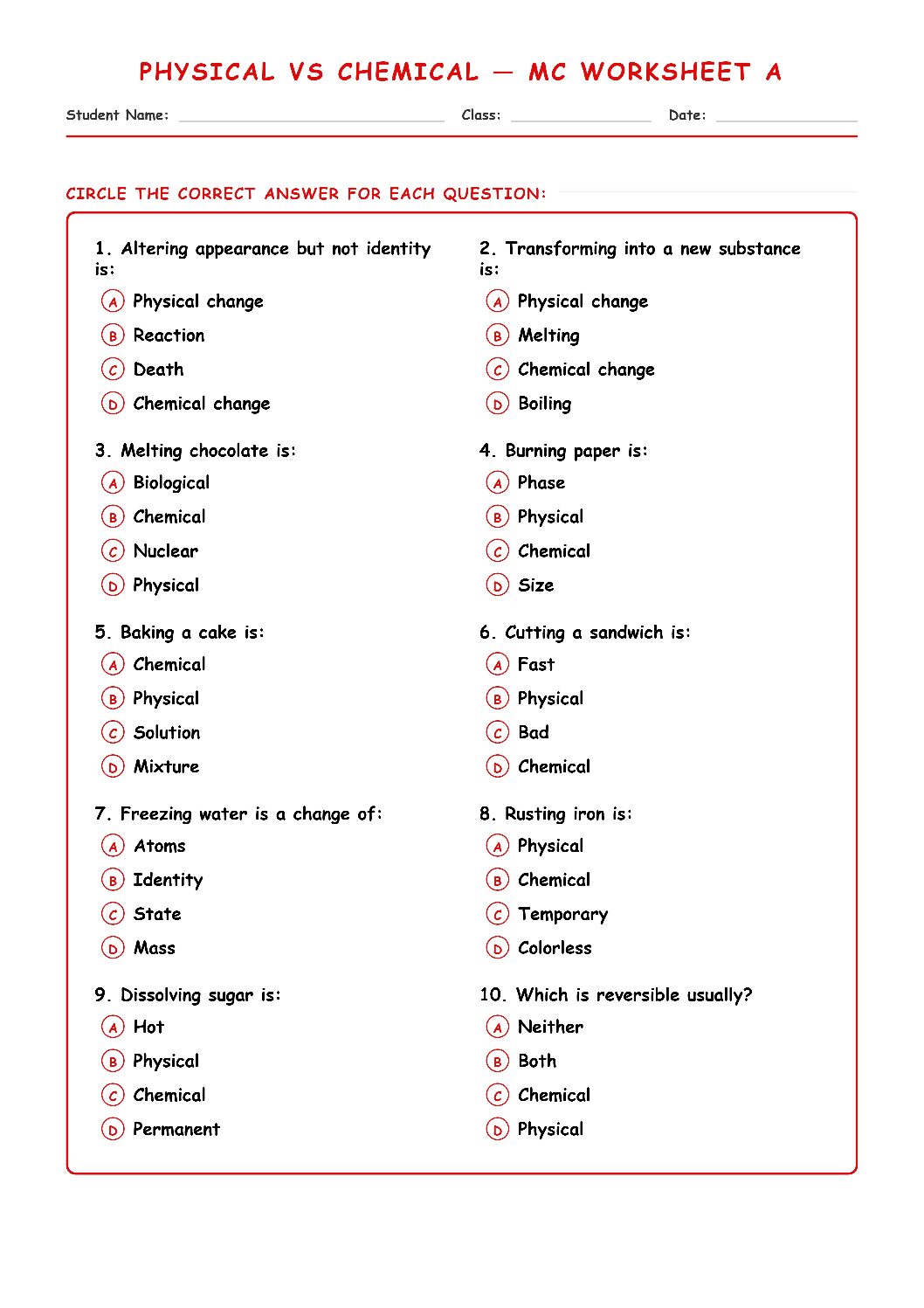 TEKS 6.5 D Physical vs Chemical Changes Science Worksheet.
