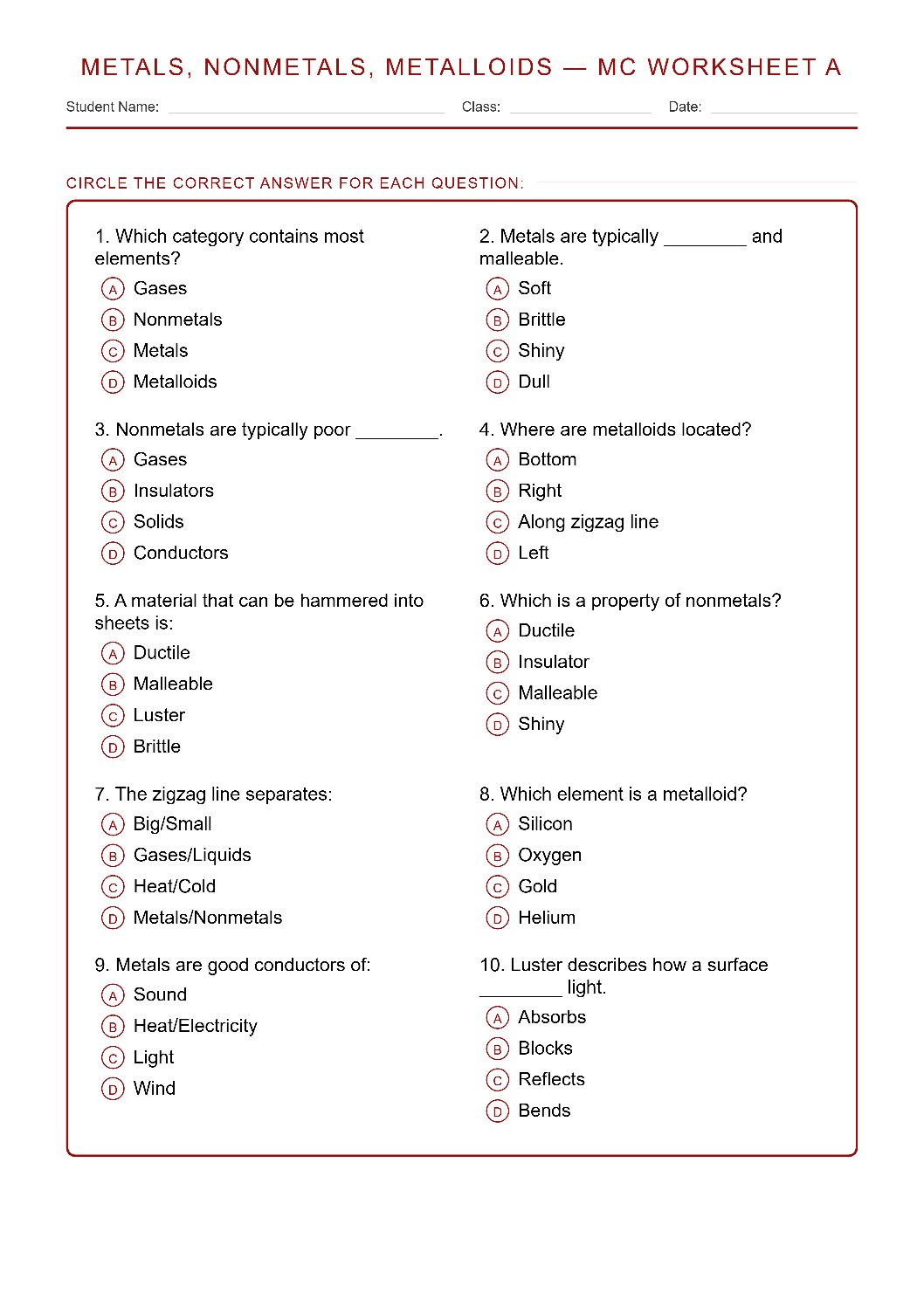 TEKS 6.6 A Comparing Metals, Nonmetals, Metalloids Science Worksheet.
