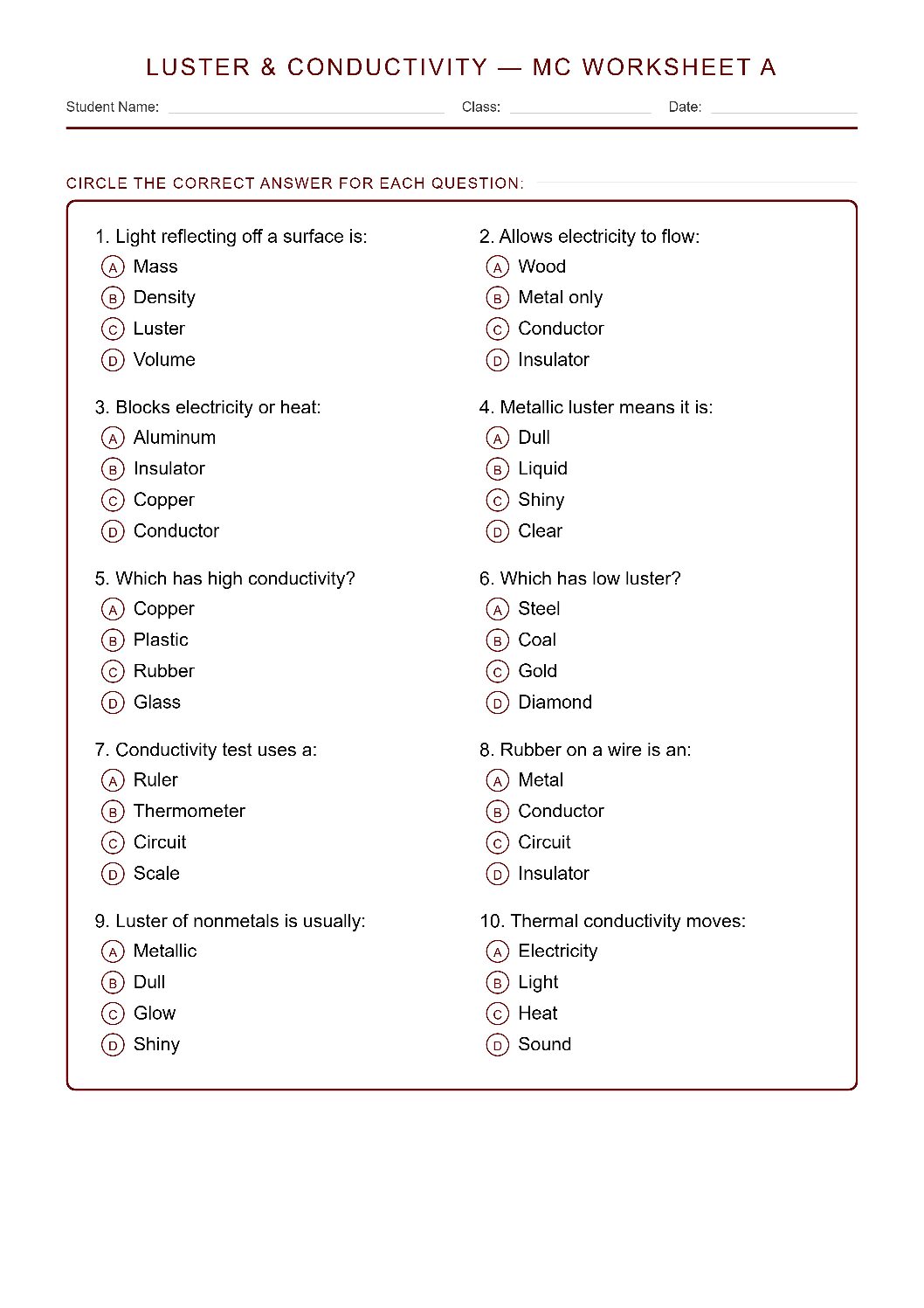 TEKS 6.6 A Luster and Conductivity Science Worksheet.