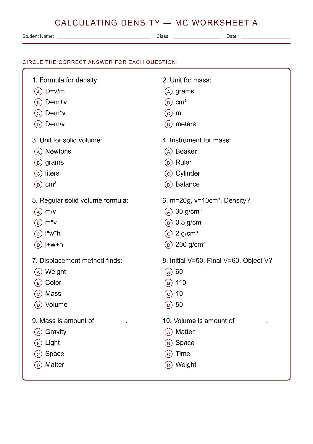 TEKS 6.6 B Calculating Density Science Worksheet.