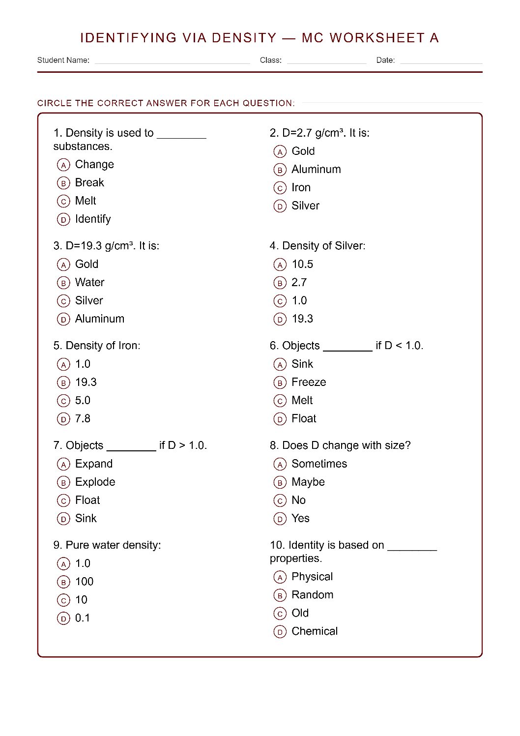 TEKS 6.6 B Identifying Substances via Density Science Worksheet.