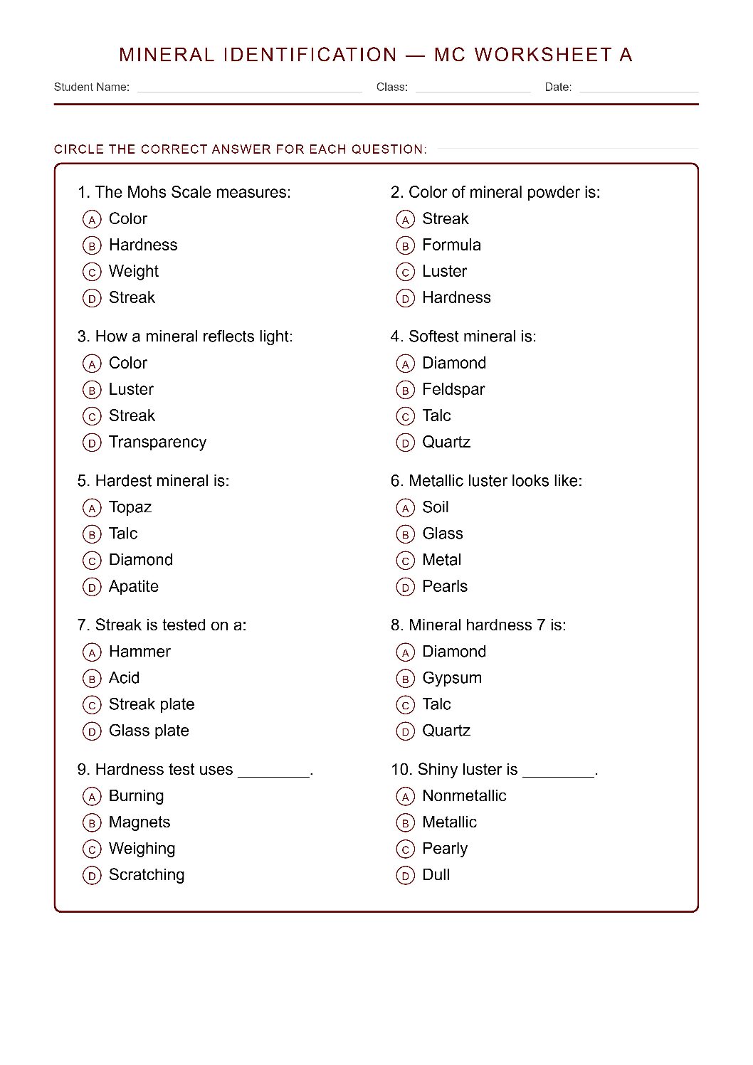 TEKS 6.6 C Mineral Identification Science Worksheet.