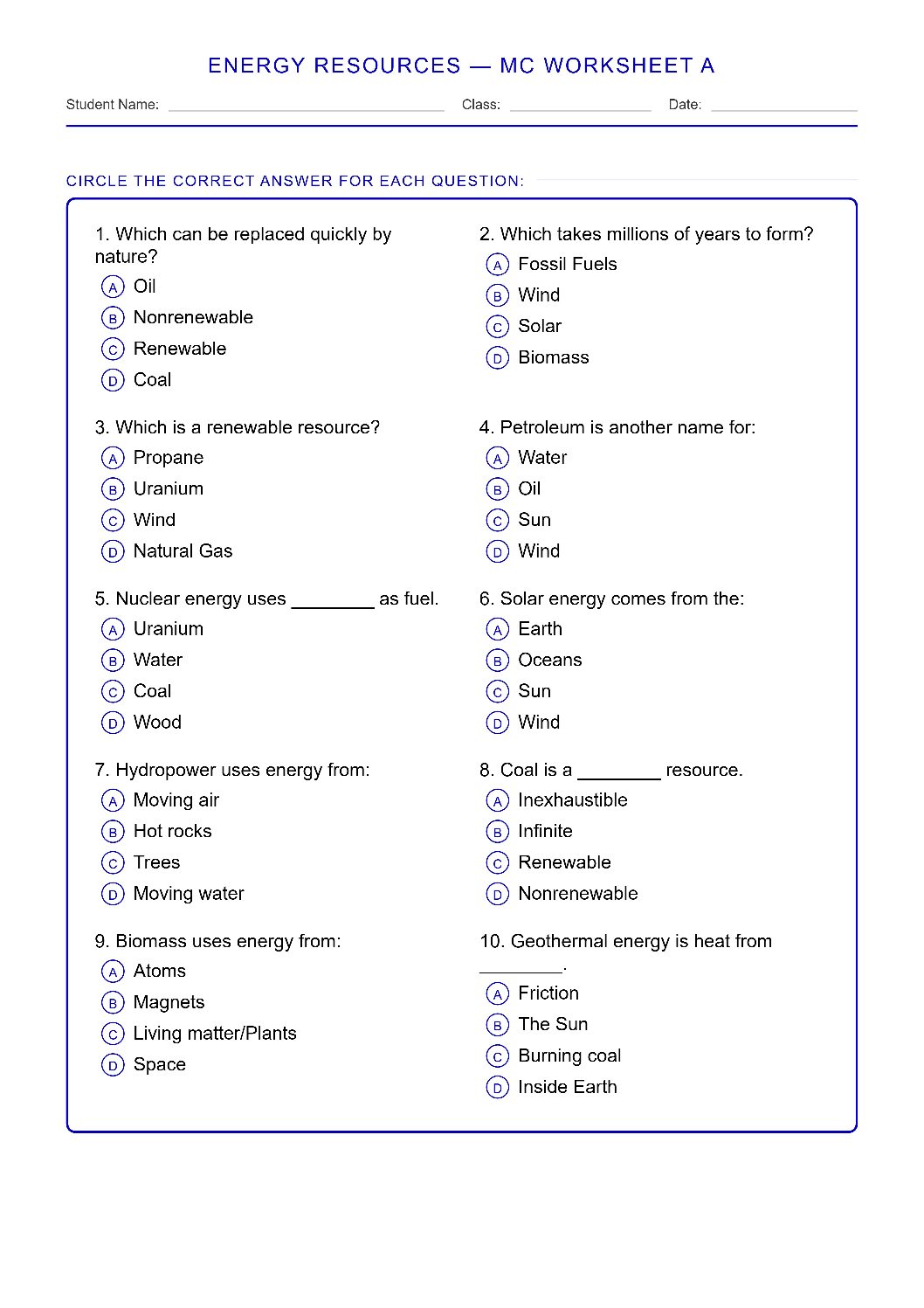 TEKS 6.7 A Renewable & Nonrenewable Science Worksheet.