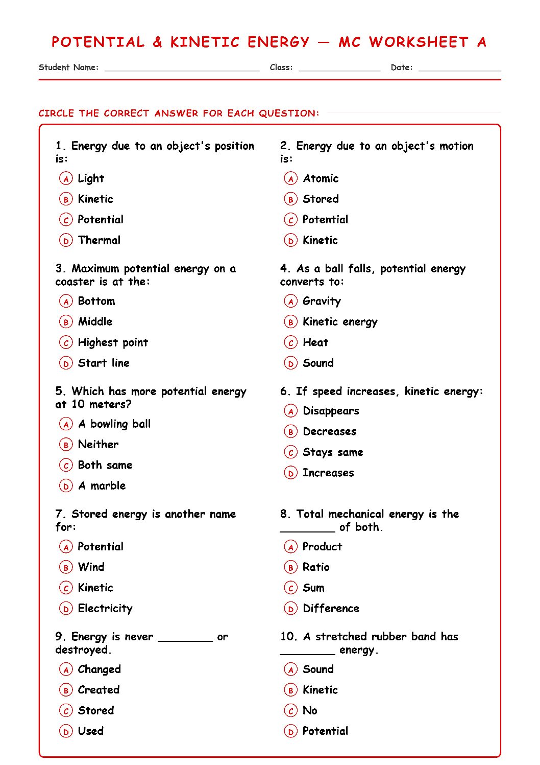 TEKS 6.8 A Potential and Kinetic Energy Science Worksheet.