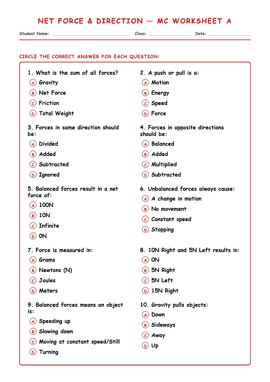 TEKS 6.8 B Net Force and Direction Science Worksheet